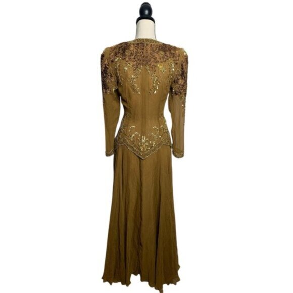 Isabella Vintage Silk Golden Sequin Beaded Embellished Evening Gown - Picture 11 of 16